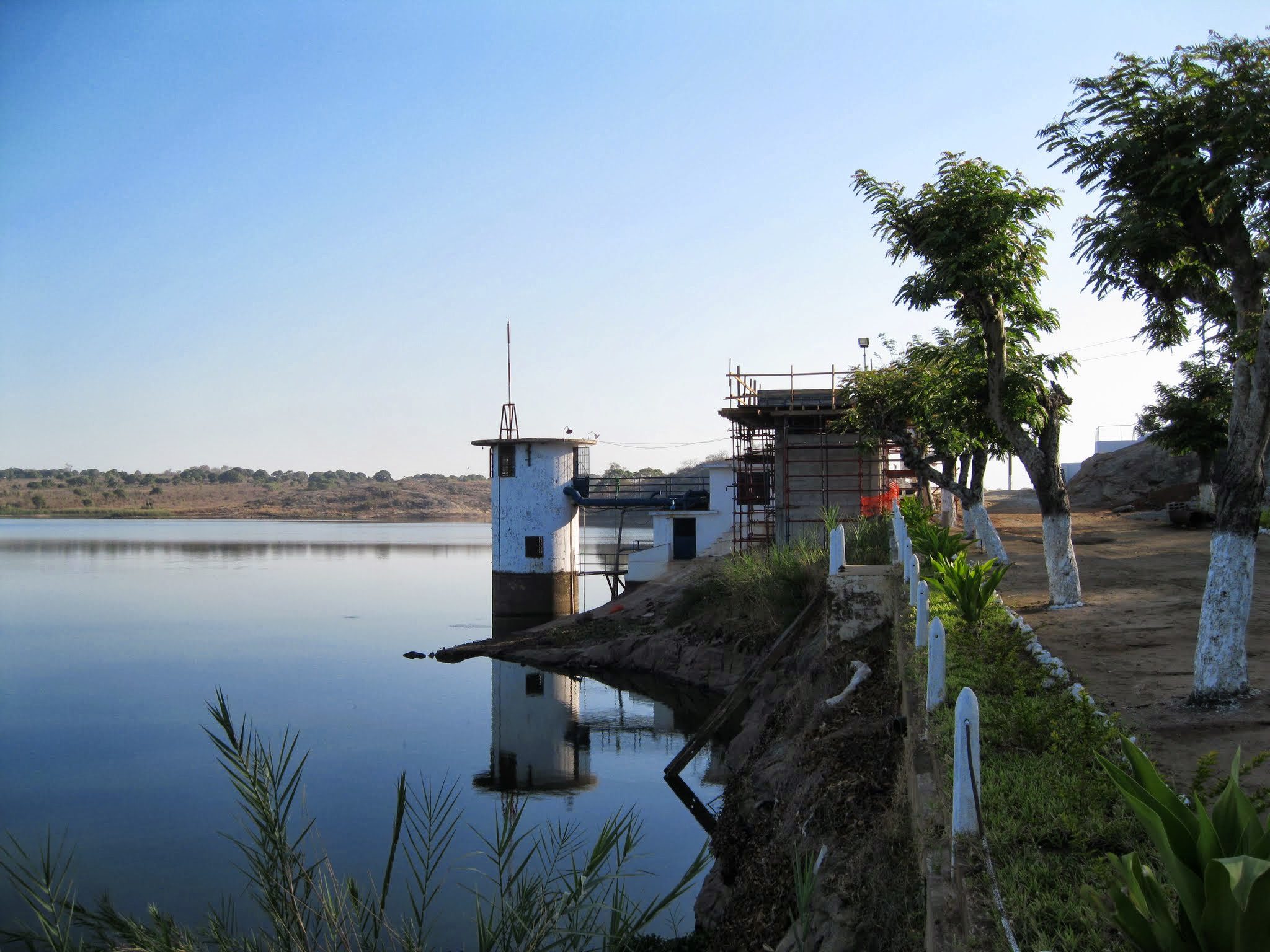 Lake with pumping station on bank