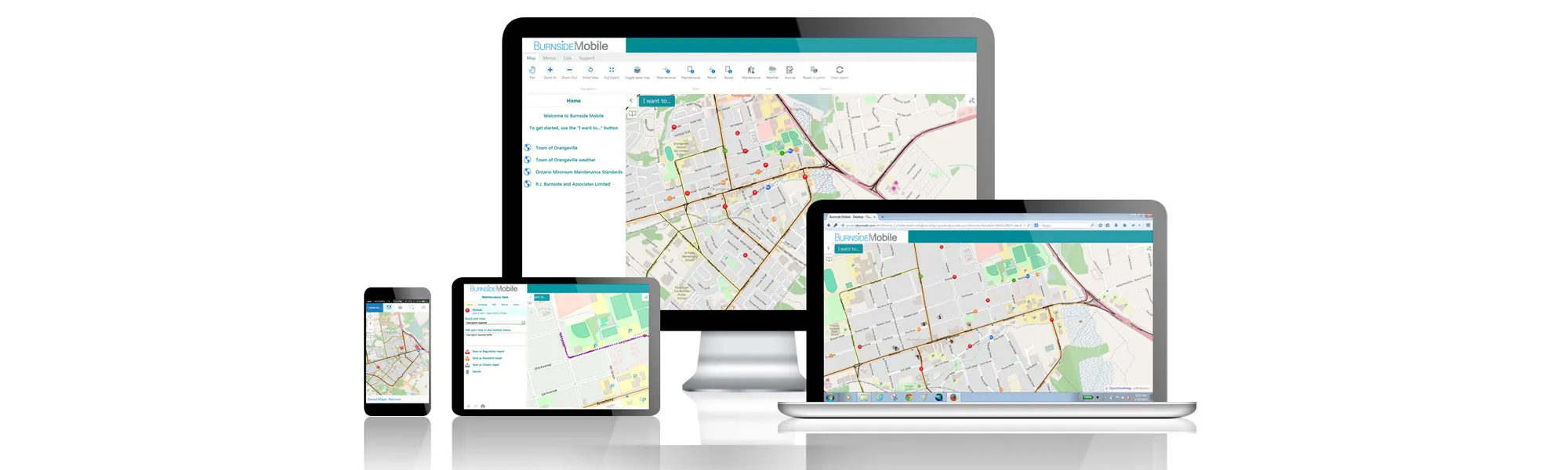 Cell Phone, Tablet, Computer Screen and Laptop Displaying Burnside Mobile